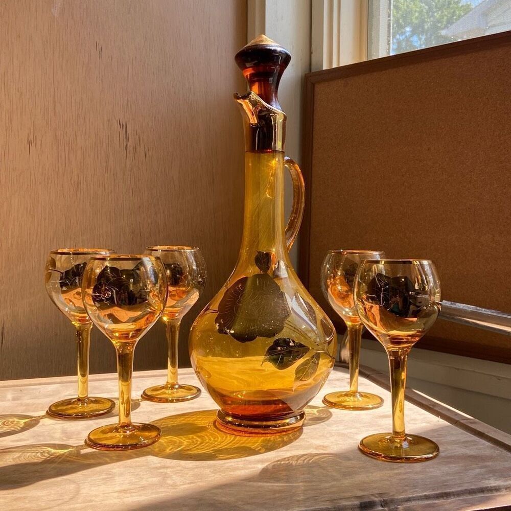 Vintage 50's Bohemian Amber Glass 22K Guilded Floral Rose Cruet Decanter & 5 Ste